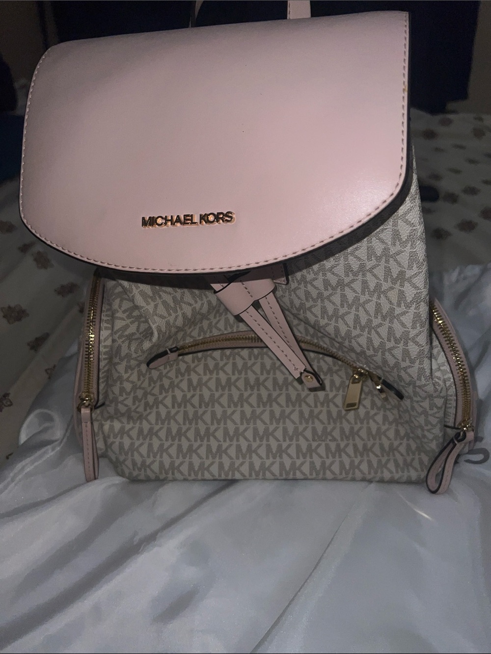 Michael Kors Light Pink and Beige MK Logo Backpack